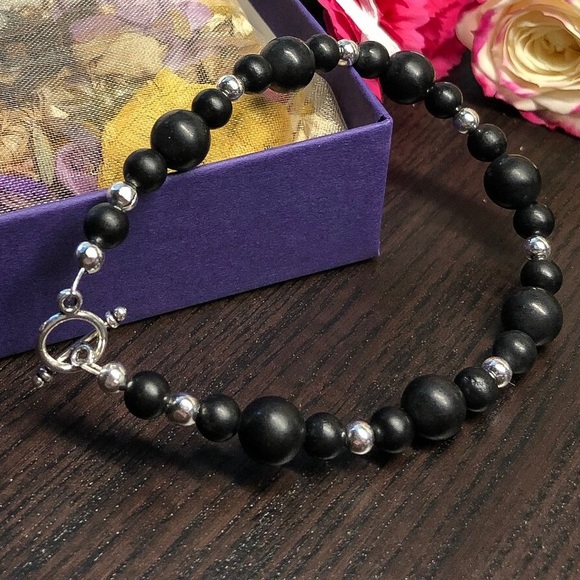 Natural Crystal Shungite & Sterling Silver Beaded Clasp Bracelet - Picture 3 of 4